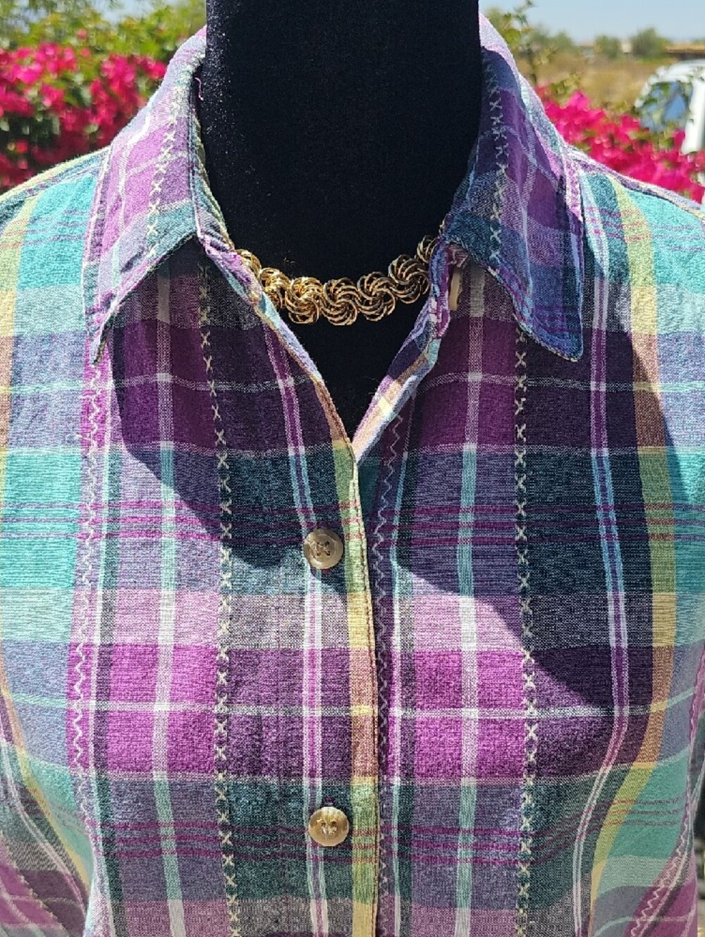 Casey & Max Sleeveless Plaid Cotton Button-Front Blouse - Purple/Teal Lrg